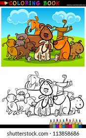 Coloring Book or Page Cartoon Illustration of Funny Dogs Group against Blue Sky for Children