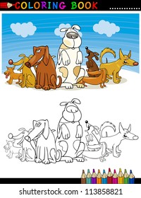 Coloring Book or Page Cartoon Illustration of Funny Dogs Group against Blue Sky for Children