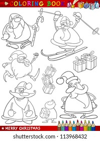 Coloring Book or Page Cartoon Illustration of Christmas Themes with Santa Claus or Papa Noel and Xmas Decorations and Characters for Children