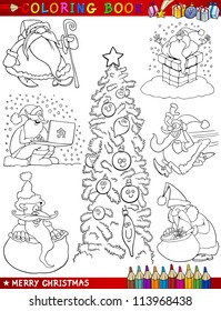 Coloring Book or Page Cartoon Illustration of Christmas Themes with Santa Claus or Papa Noel and Xmas Decorations and Characters for Children