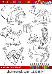 Coloring Book or Page Cartoon Illustration of Christmas Themes with Santa Claus or Papa Noel and Xmas Decorations and Characters for Children