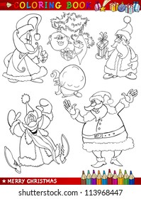 Coloring Book or Page Cartoon Illustration of Christmas Themes with Santa Claus or Papa Noel and Xmas Decorations and Characters for Children