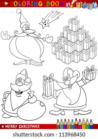 Coloring Book or Page Cartoon Illustration of Christmas Themes with Santa Claus or Papa Noel and Xmas Decorations and Characters for Children