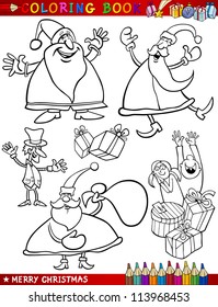 Coloring Book or Page Cartoon Illustration of Christmas Themes with Santa Claus or Papa Noel and Xmas Decorations and Characters for Children