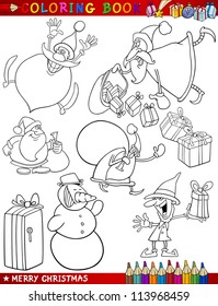 Coloring Book or Page Cartoon Illustration of Christmas Themes with Santa Claus or Papa Noel and Xmas Decorations and Characters for Children