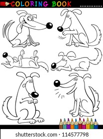 Coloring Book or Page Cartoon Illustration of Funny Dogs doing Tricks for Children