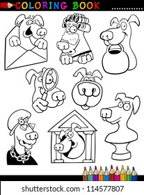 Coloring Book or Page Cartoon Illustration of Funny Dogs and Puppies for Children
