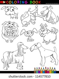 Coloring Book or Page Cartoon Illustration of Funny Dogs and Puppies for Children
