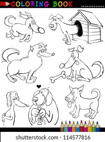 Coloring Book or Page Cartoon Illustration of Funny Dogs and Puppies for Children