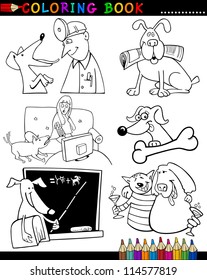 Coloring Book or Page Cartoon Illustration of Funny Dogs and Puppies for Children