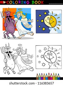 Coloring Book or Page Cartoon Illustration of Devil and Angel with Sun and Moon Characters