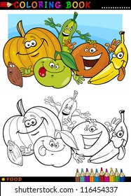 Livro de colorir ou página desenhos animados ilustração de personagens de alimentos engraçados frutas e legumes para a educação infantil