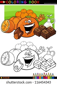 Coloring Book or Page Cartoon Illustration of Funny Food Characters Oranges and Chocolate Pieces for Children Education