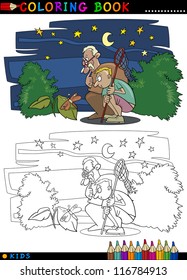 Coloring Book or Page Cartoon Illustration of Boy with his Grandfather looking at Moth