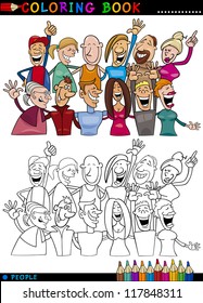 Coloring Book or Page Cartoon Illustration of Happy People Group having Fun and Laughing