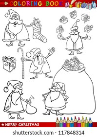 Coloring Book or Page Cartoon Illustration of Christmas Themes with Santa Claus or Papa Noel and Xmas Decorations and Characters