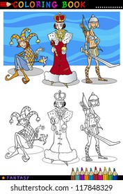 Coloring Book or Page Cartoon Illustration of Queen, Jester and Knight Lady Fairytale Fantasy Characters