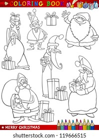 Coloring Book or Page Cartoon Illustration of Christmas Themes Set with Santa Claus or Papa Noel and Xmas Presents and Decorations for Children