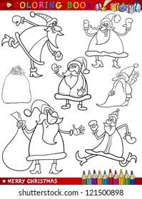 Coloring Book or Page Cartoon Illustration of Christmas Themes Set with Santa Claus or Papa Noel and Xmas Presents and Decorations for Children