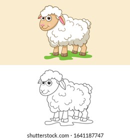 Coloring book or page cartoon illustration of funny sheep. Cute colorful farm animalas an example for coloring book. Practice worksheet for preschool and kindergarten. Educational game for kids.