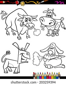 Coloring Book or Page Cartoon Illustration of Black and White Farm Animals Characters for Children