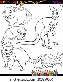 Coloring Book or Page Cartoon Illustration of Black and White Marsupials Wild Animals Characters for Children