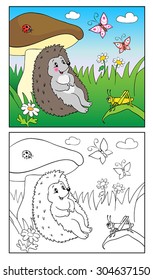 Coloring Book or Page Cartoon Illustration of funny hedgehog and Insect for Children.