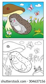 Coloring Book or Page Cartoon Illustration of sleeping hedgehog and Insect for Children.