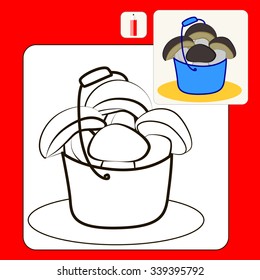 Coloring Book or Page Cartoon Illustration of ceps in blue bucket