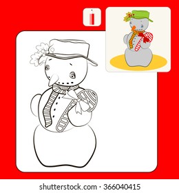 Coloring Book or Page Cartoon Illustration of snowman for Children