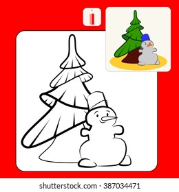 Coloring Book or Page Cartoon Illustration of snowman and fir tree for Children.