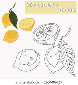 Coloring book or page cartoon of lemon for kids. Cute colorful citrus as an example for coloring book. Practice worksheet for preschool and kindergarten. Vector illustration
