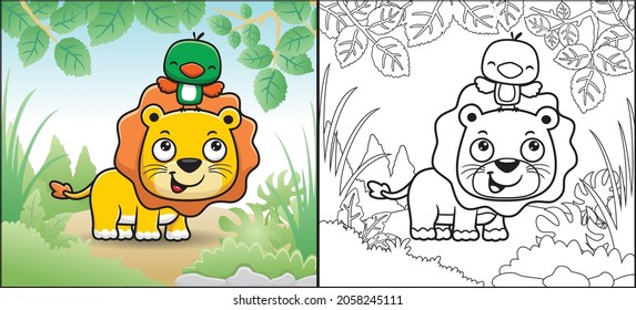 Coloring book or page of cartoon little bird perching on lions head in jungle