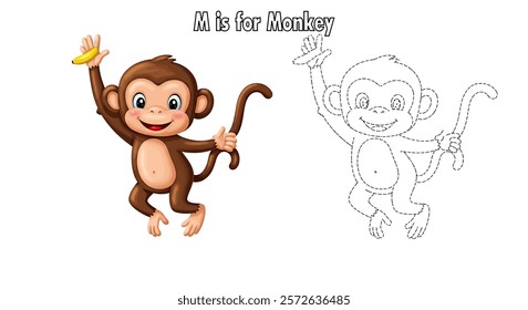 Coloring book page of a A Cartoon Monkey is Holding a Banana and a Letter M is for Monkey.