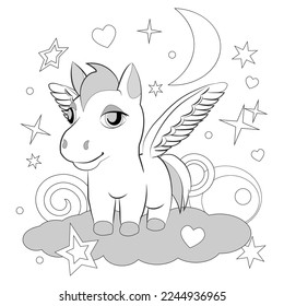 Coloring book page with cartoon pegasus pony. Vector illustration