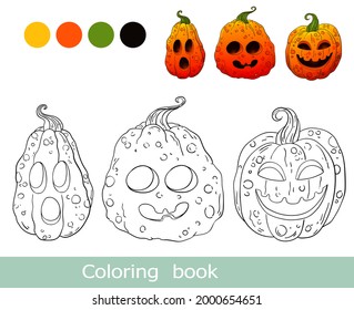 Coloring book page with cartoon pumpkins colorful template. Halloween pumpkins jack lantern coloring book. Jack  lantern. Halloween  kids  coloring book page. Worksheet. Halloween background.