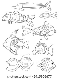 Coloring book page with cartoon tropical  and aquarium fish. Vector illustration.	
