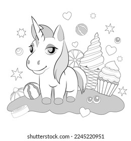 Coloring book page with cartoon unicorn pony. Vector illustration