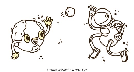 Coloring Book Page. Cartoon Vector Illustration. Cute Character: Eyelash planet Earth throws a ball in the form of the moon to a spaceman in a spacesuit on the background of the cosmos with the stars