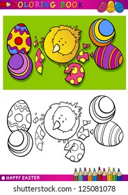 Coloring Book or Page Cartoon Vector Illustration of Easter Little Chick or Chicken hatched from Egg and Painted Easter Eggs