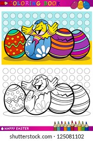 Coloring Book or Page Cartoon Vector Illustration of Easter Little Chick or Chicken hatched from Egg and Painted Easter Eggs