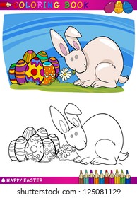 Coloring Book or Page Cartoon Vector Illustration of Easter Bunny with Painted Eggs and Spring Flower