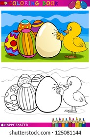 Coloring Book or Page Cartoon Vector Illustration of Easter Little Chick or Chicken knocking on egg and Painted Eggs