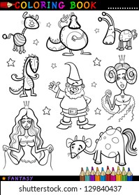 Coloring Book or Page Cartoon Vector Illustration of Queen, Princess, Dwarf or Gnome, Creatures and Dragon Fairytale Fantasy Characters