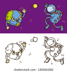 Coloring Book Page. Cartoon Vector Illustration. Cute Character: Eyelash planet Earth throws a ball in the form of the moon to a spaceman in a spacesuit on the background of the cosmos with the stars