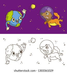 Coloring Book Page. Cartoon Vector Illustration. Cute Character: Eyelash planet Earth throws a ball in the form of the moon to a dog in a spacesuit on the background of the cosmos with the stars