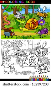 Coloring Book or Coloring Page Cartoon Vector Illustration of Funny Insects or Bugs on the Meadow for Children Education