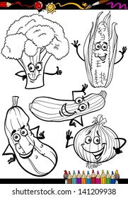 Coloring Book or Page Cartoon Vector Illustration of Black and White Vegetables Food Comic Characters Set