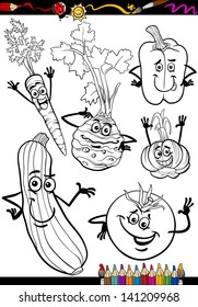 Coloring Book or Page Cartoon Vector Illustration of Black and White Vegetables Food Comic Characters Set