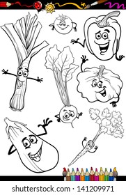 Coloring Book or Page Cartoon Vector Illustration of Black and White Vegetables Food Comic Characters Set